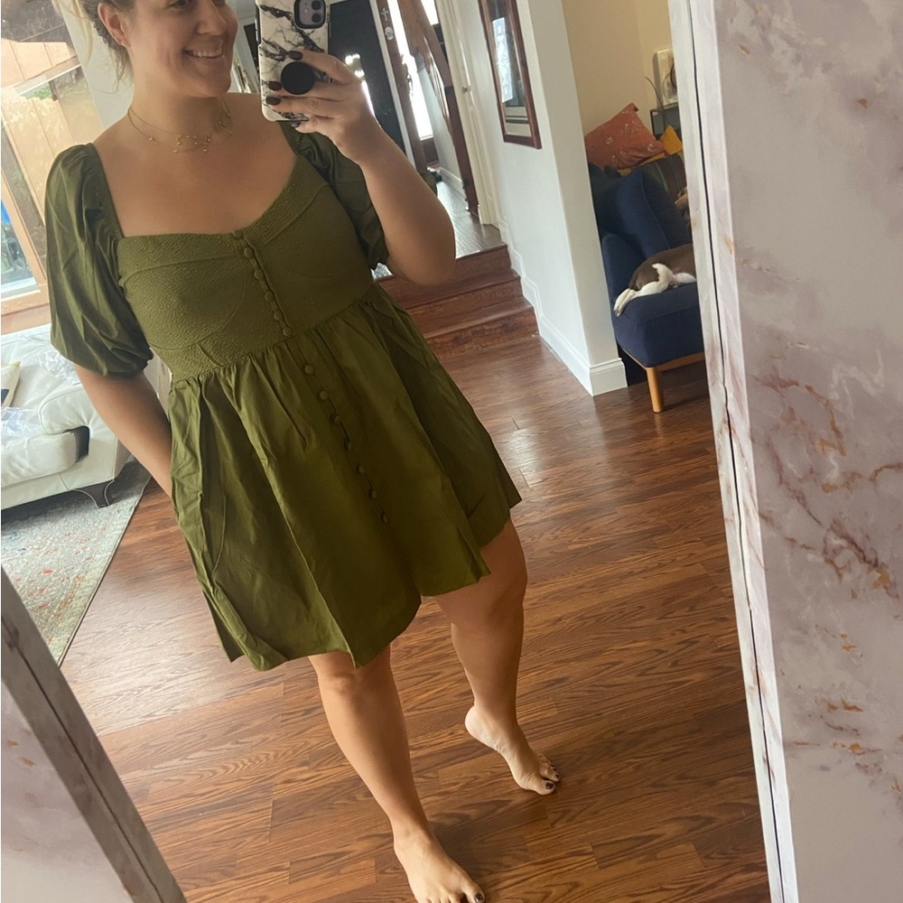 Maeve XL Olive Green Puff Sleeve Dress w/ pockets!